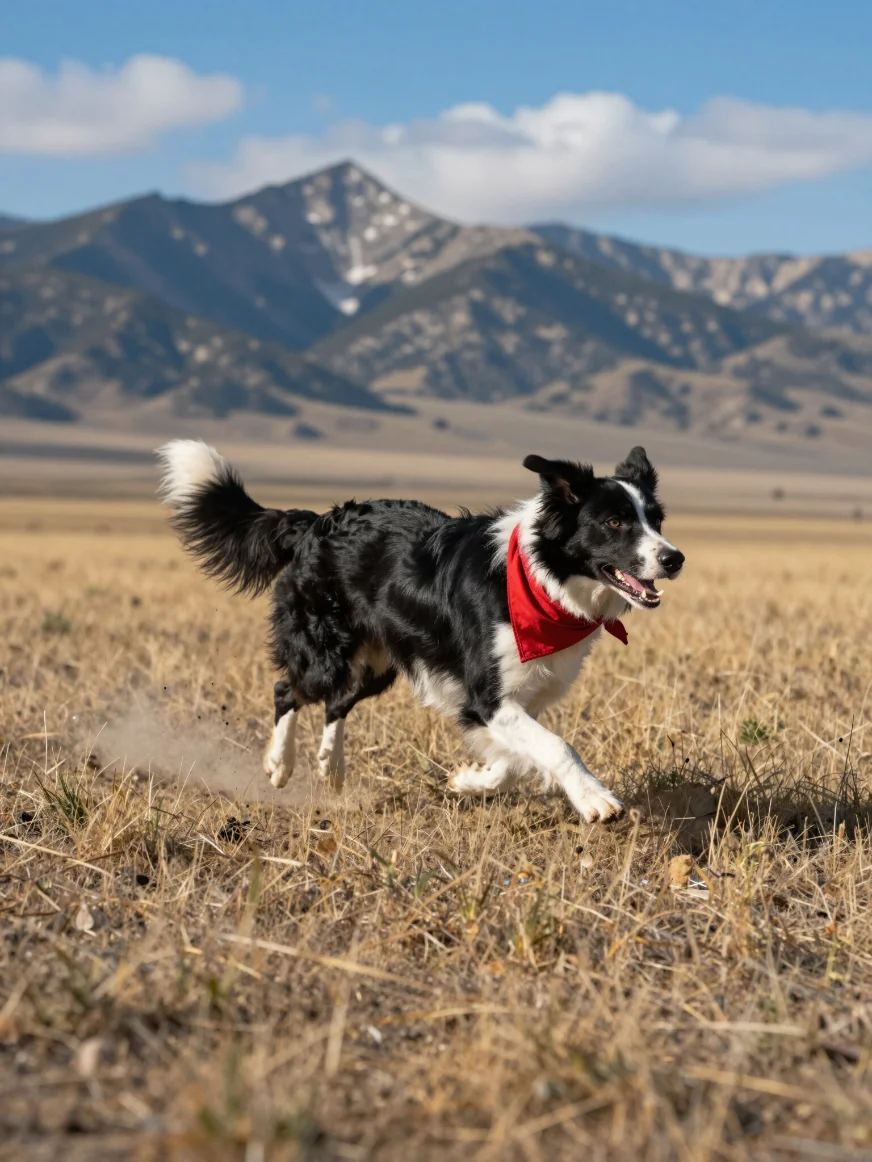 A border collie running through a pasture