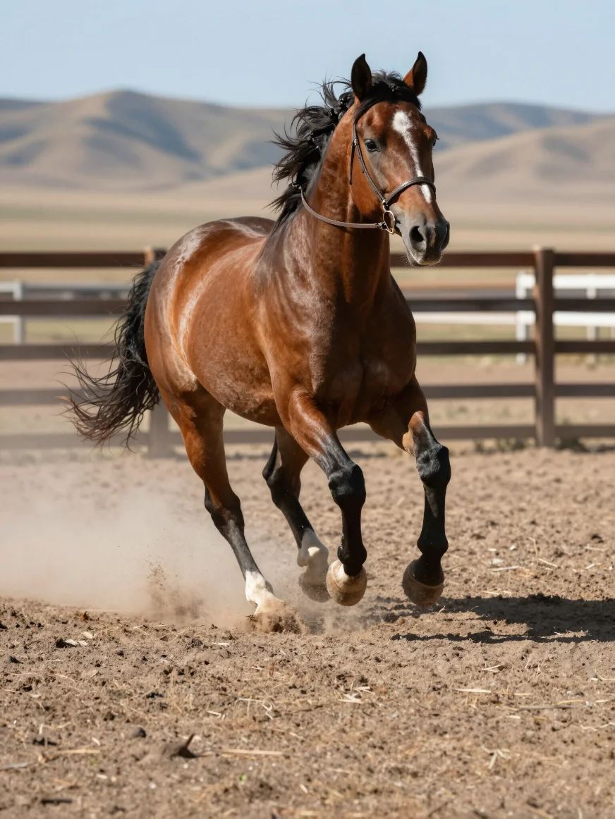 A bay horse loping in a ranch arena